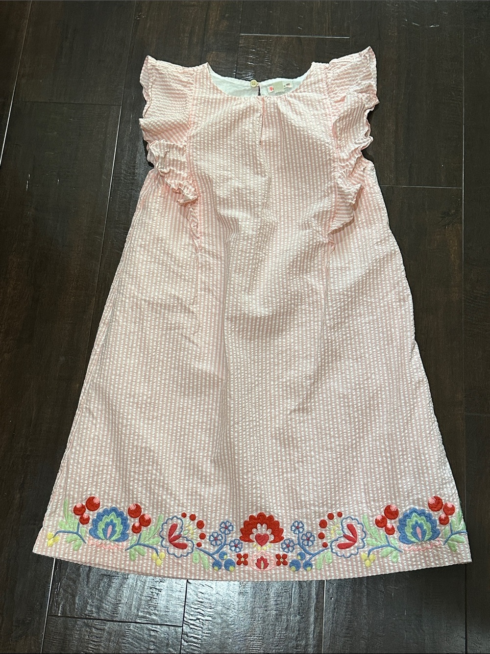 Crewcuts Girls' Pink Seersucker Embroidered Details Flutter-Sleeve Dress